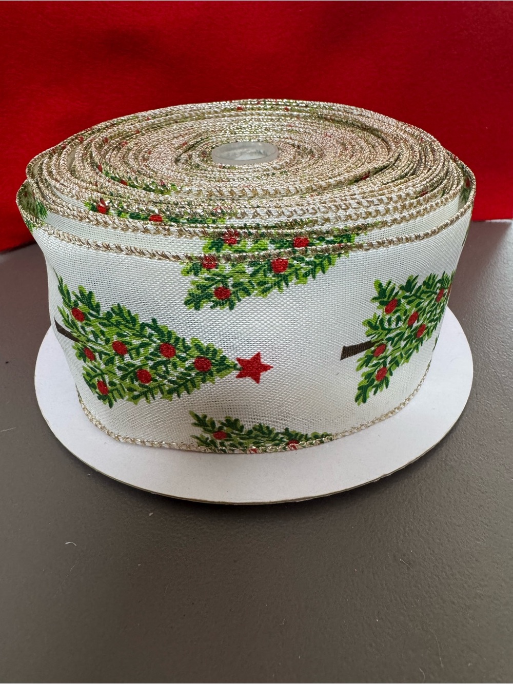 Holiday Tree Print Ribbon with Gold Trim - White/Green/Red